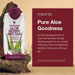 Forever Living Aloe Berry Nectar with cranberries and apples, highlighting tangy flavor and nutrients.