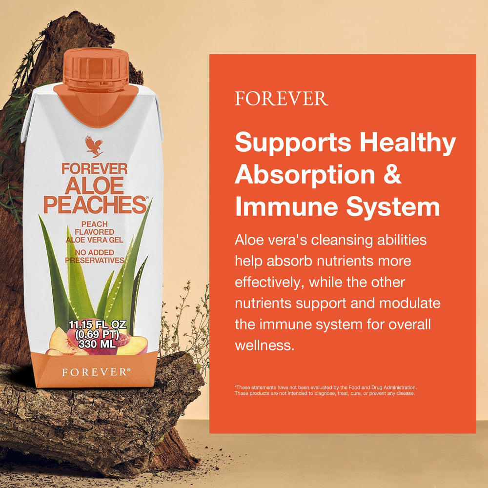 Forever Living Aloe Peaches ambient hero shot showing refreshing peach aroma.