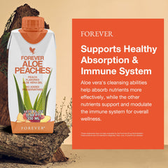 Forever Living Aloe Peaches ambient hero shot showing refreshing peach aroma.