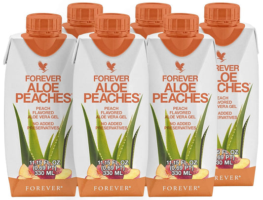 Forever Living Aloe Peaches bottle closeup highlighting pure aloe and peach flavor.