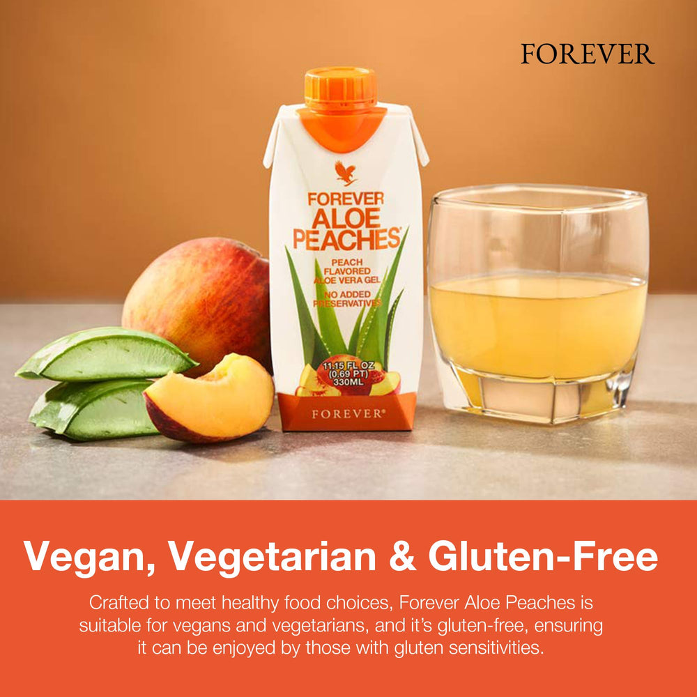 Forever Living Aloe Peaches gluten-free vegan claim with clean ingredients.