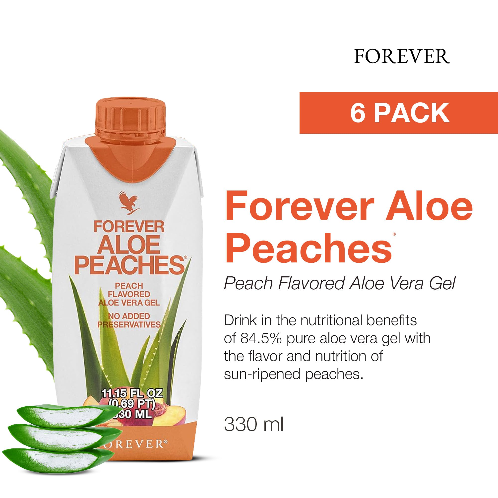 Forever Living Aloe Peaches pouring into a glass for daily digestion support.