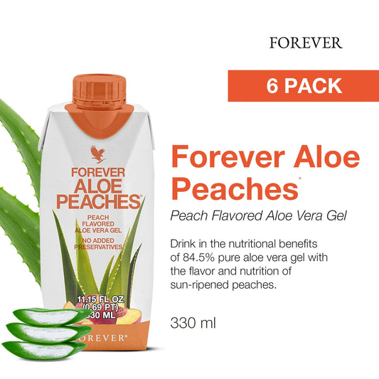 Forever Living Aloe Peaches pouring into a glass for daily digestion support.