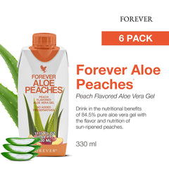 Forever Living Aloe Peaches pouring into a glass for daily digestion support.