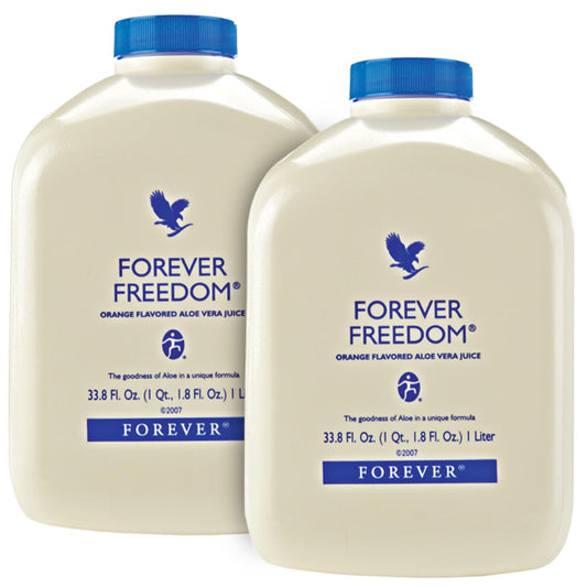 Forever Living Forever Freedom bottle being poured, highlighting orange flavor and potential daily support.