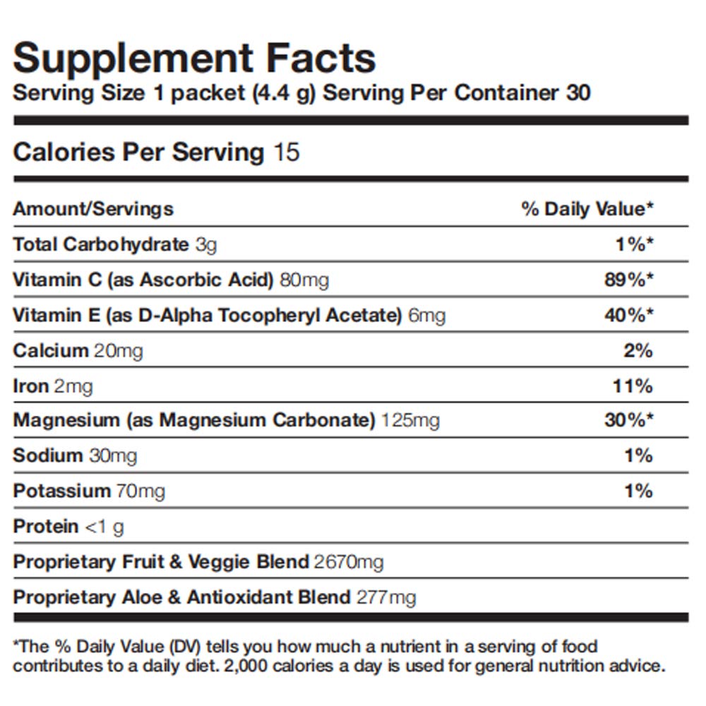 Forever Living Forever Supergreens packets back view highlighting clean ingredients and nutrition