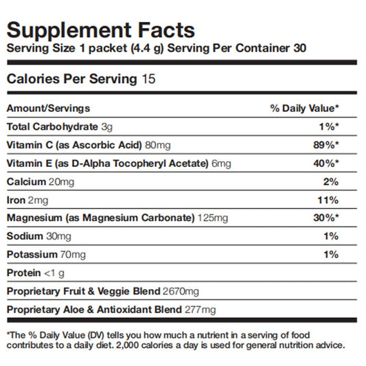 Forever Living Forever Supergreens packets back view highlighting clean ingredients and nutrition