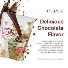 Forever Living Lite Ultra Chocolate shake glass depicts a satisfying, gluten-free drink.