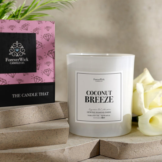 ForeverWick Coconut Breeze candle side angle highlighting coconut notes for relaxation.