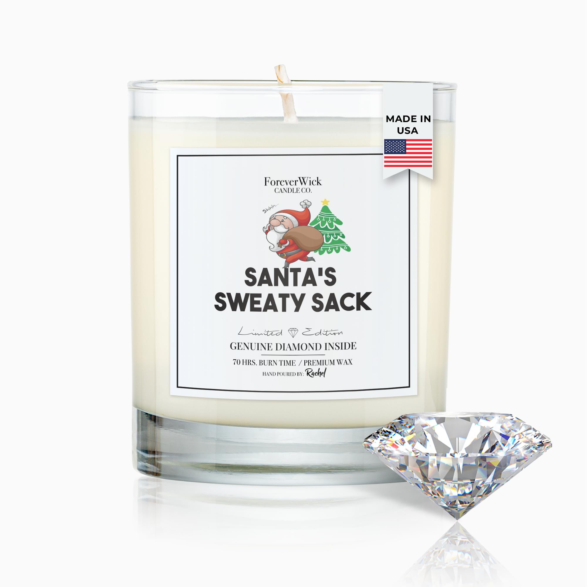 ForeverWick Santa's Sweaty Sack evergreen candle 14oz on a cozy mantel, elevating holiday ambiance.