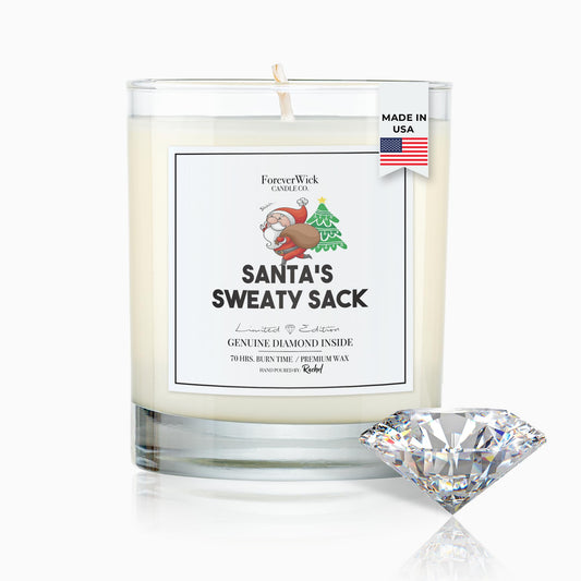 ForeverWick Santa's Sweaty Sack evergreen candle 14oz on a cozy mantel, elevating holiday ambiance.