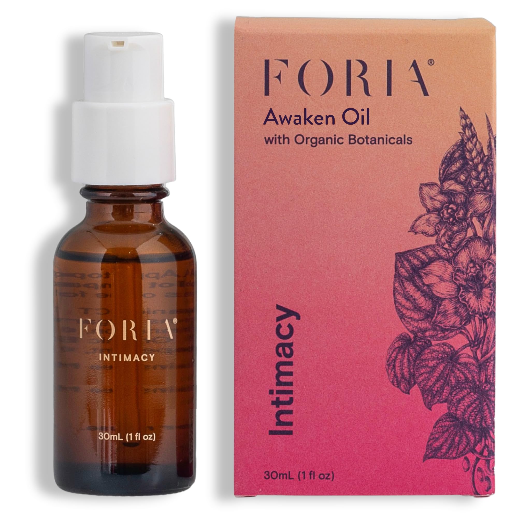 Foria Awaken Oil bottle close-up showing natural lubrication and premium organic formula.