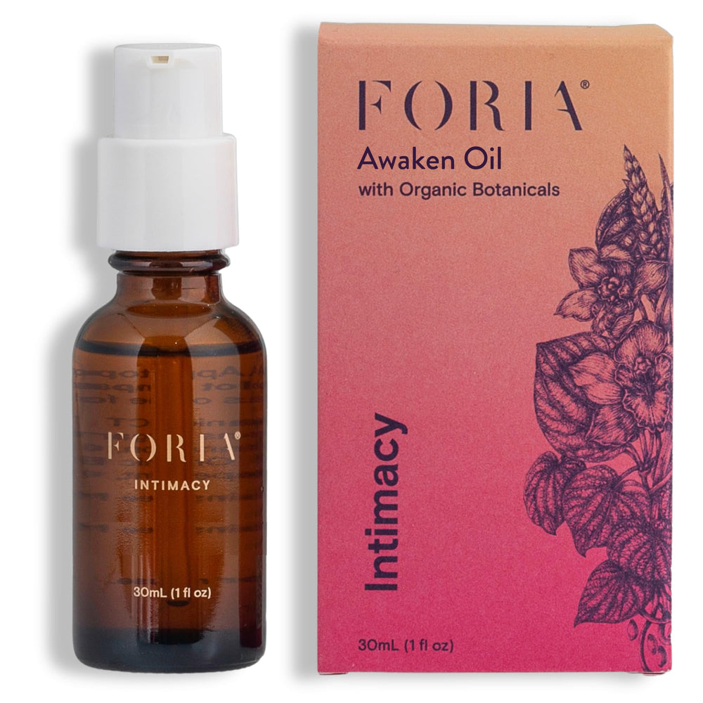 Foria Awaken Oil bottle close-up showing natural lubrication and premium organic formula.