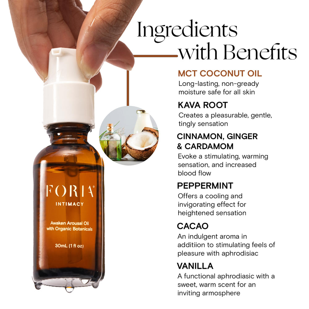 Foria Awaken Oil ingredients like kava, cinnamon, and ginger promote sensory engagement.