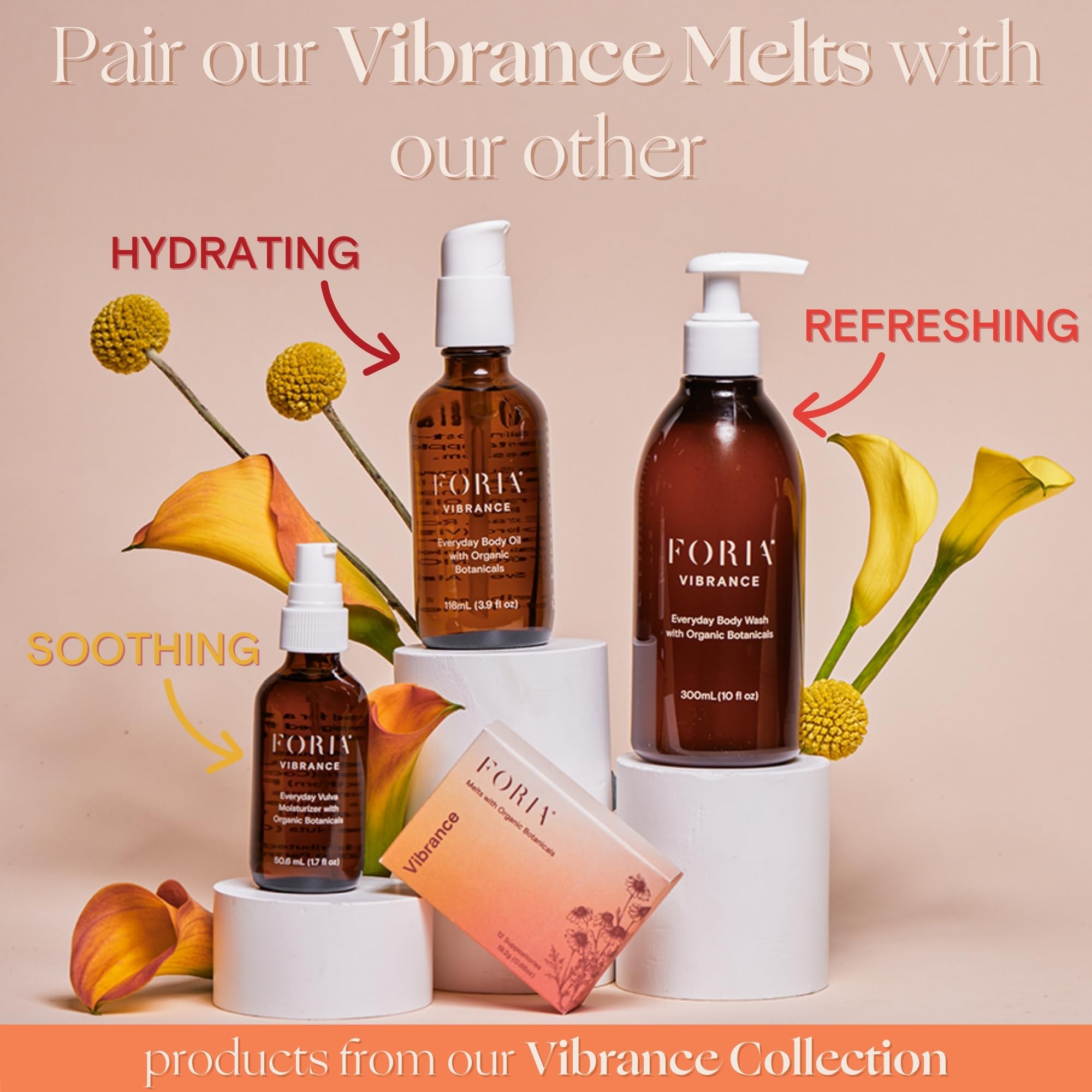 Chamomile and raspberry leaf ingredients featured in FORIA Vibrance Melts