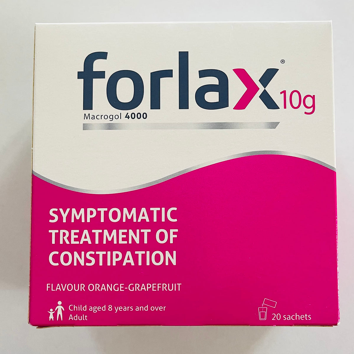 Forlax 10g sachets in a pack ready to dissolve in water for constipation relief.