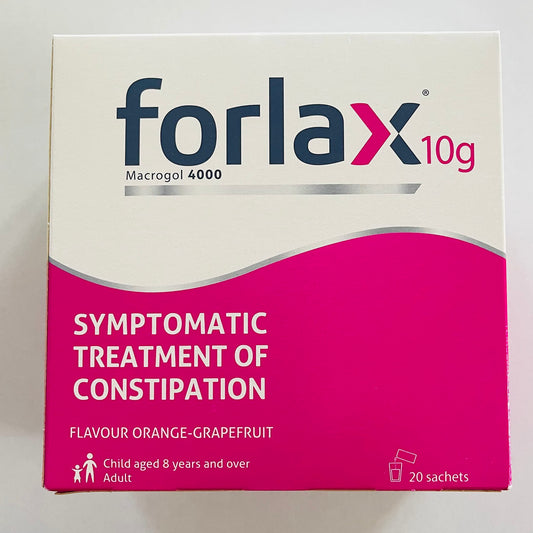 Forlax 10g sachets in a pack ready to dissolve in water for constipation relief.