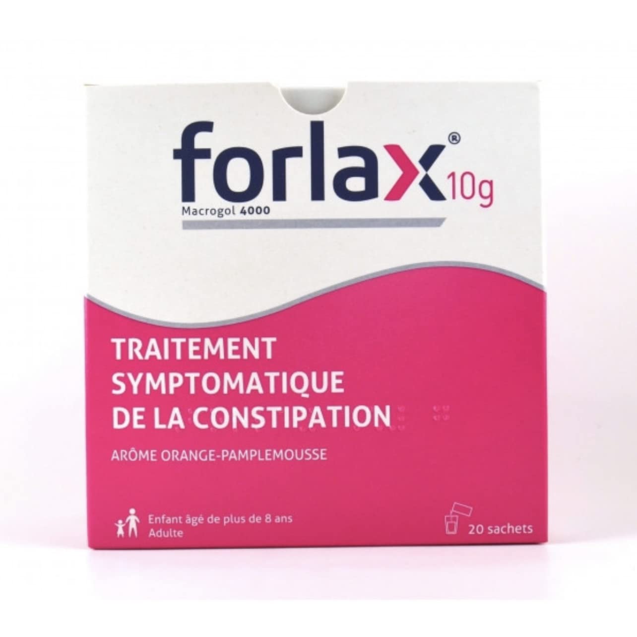 Forlax powder being poured into a glass of water to aid bowel movements.
