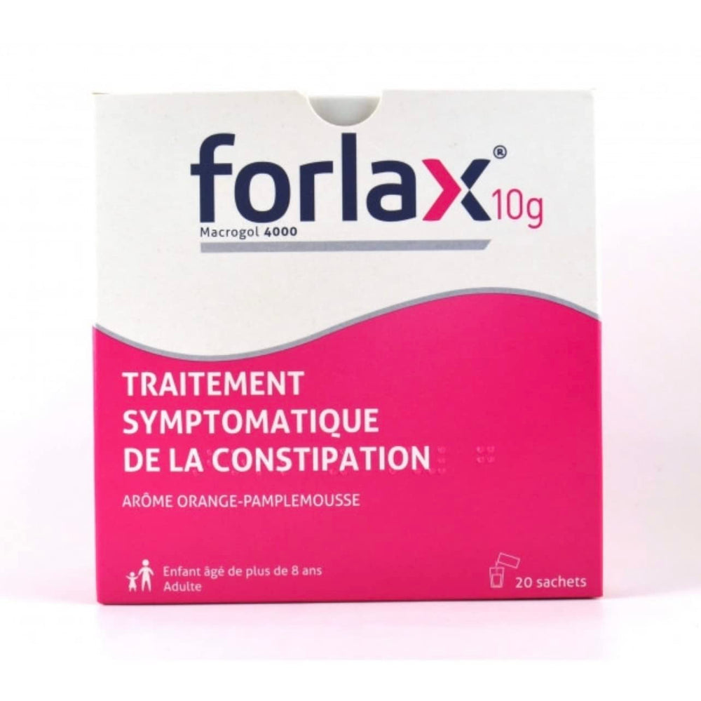 Forlax powder being poured into a glass of water to aid bowel movements.