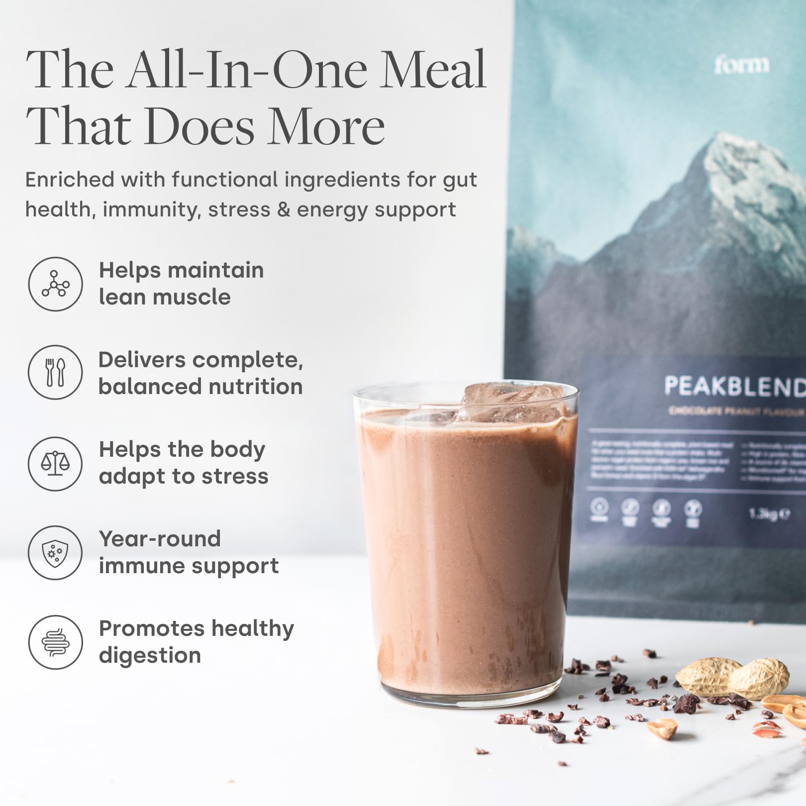 Form Peakblend powder with measuring spoon ready to scoop