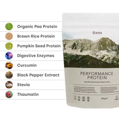 Form Performance Protein chocolate hazelnut scoop resting beside a jar