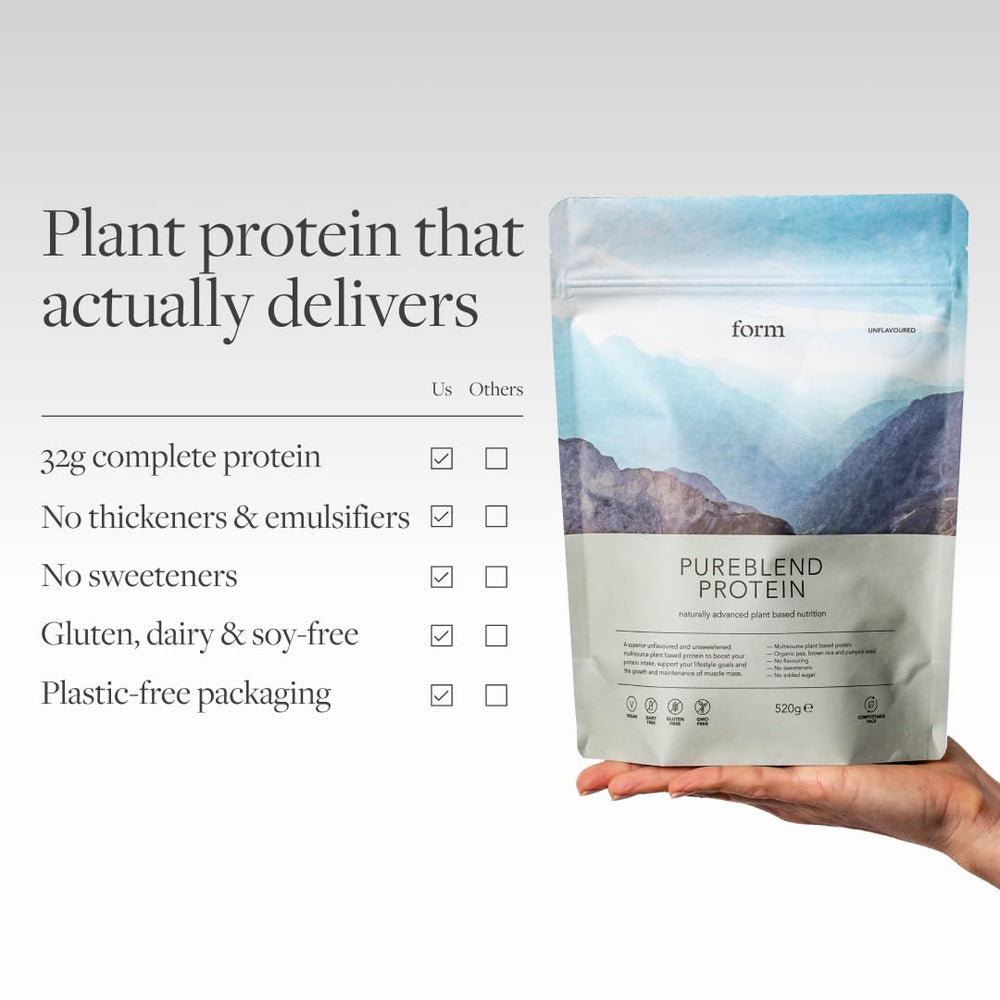 Form Pureblend Protein bag close-up highlights eco packaging and ingredients
