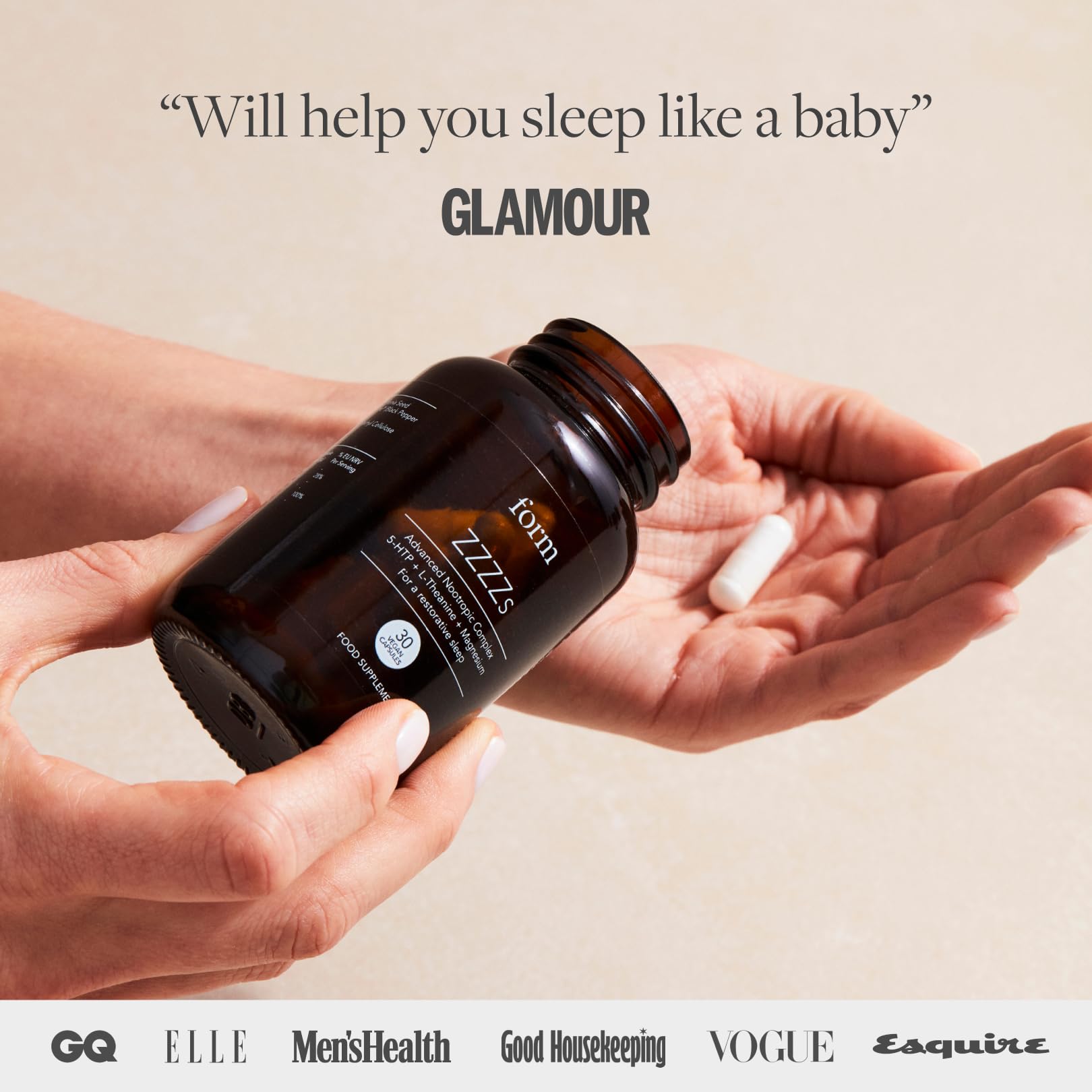 Form ZZZZs capsules close-up highlighting 5-HTP and minerals for sleep support