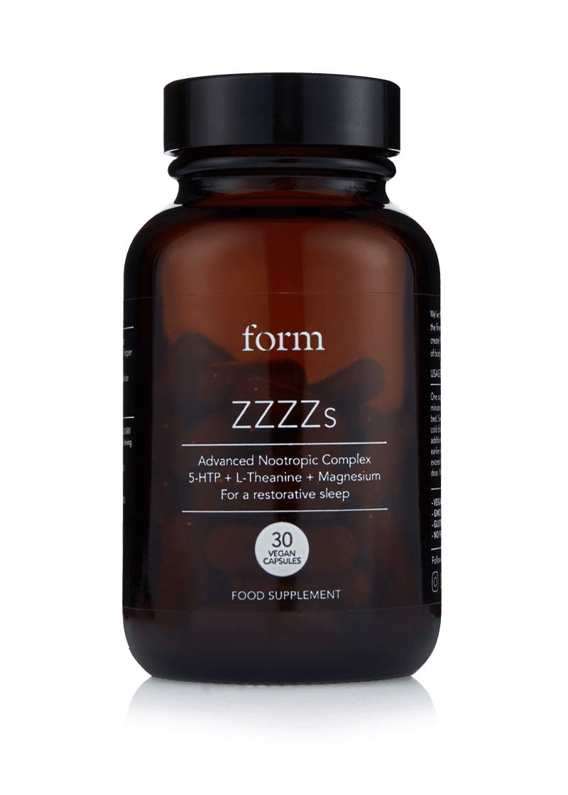 Form ZZZZs sleep bottle on a nightstand suggesting calm nights