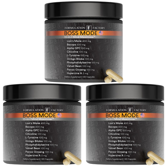 Formulation Factory Boss Mode bottle front view for daily focus routines.