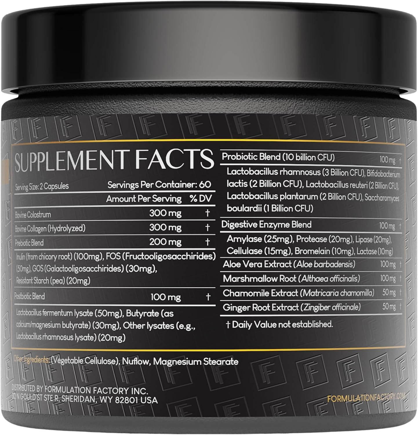 Formulation Factory Gut Intellect label close-up highlighting ingredients for balanced digestion