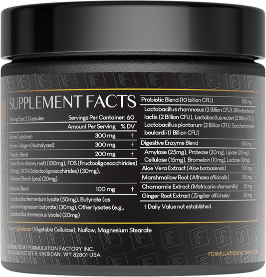 Formulation Factory Gut Intellect label close-up highlighting ingredients for balanced digestion