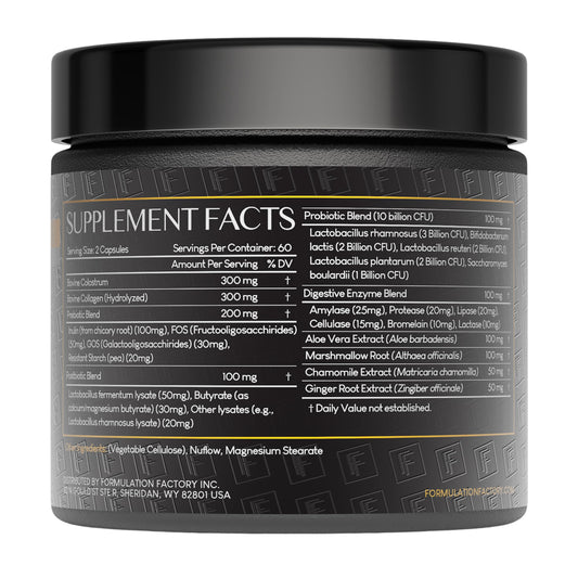 Formulation Factory Gut Intellect bottle back with ingredient highlights