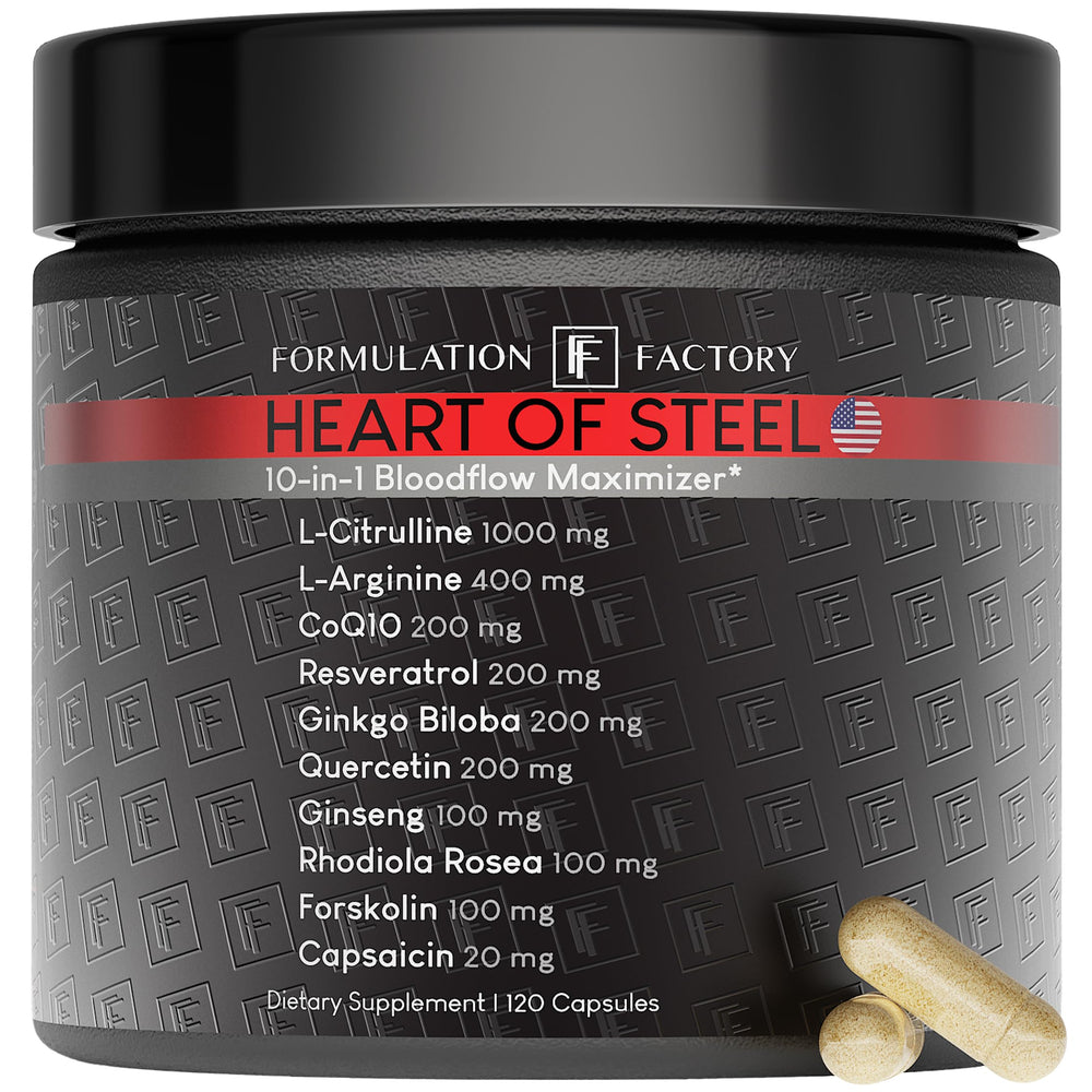 Formulation Factory Heart of Steel bottle with capsules suggesting nitric oxide support for workouts