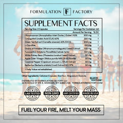 Formulation Factory Melt Mode ingredients list featuring green tea and L-carnitine