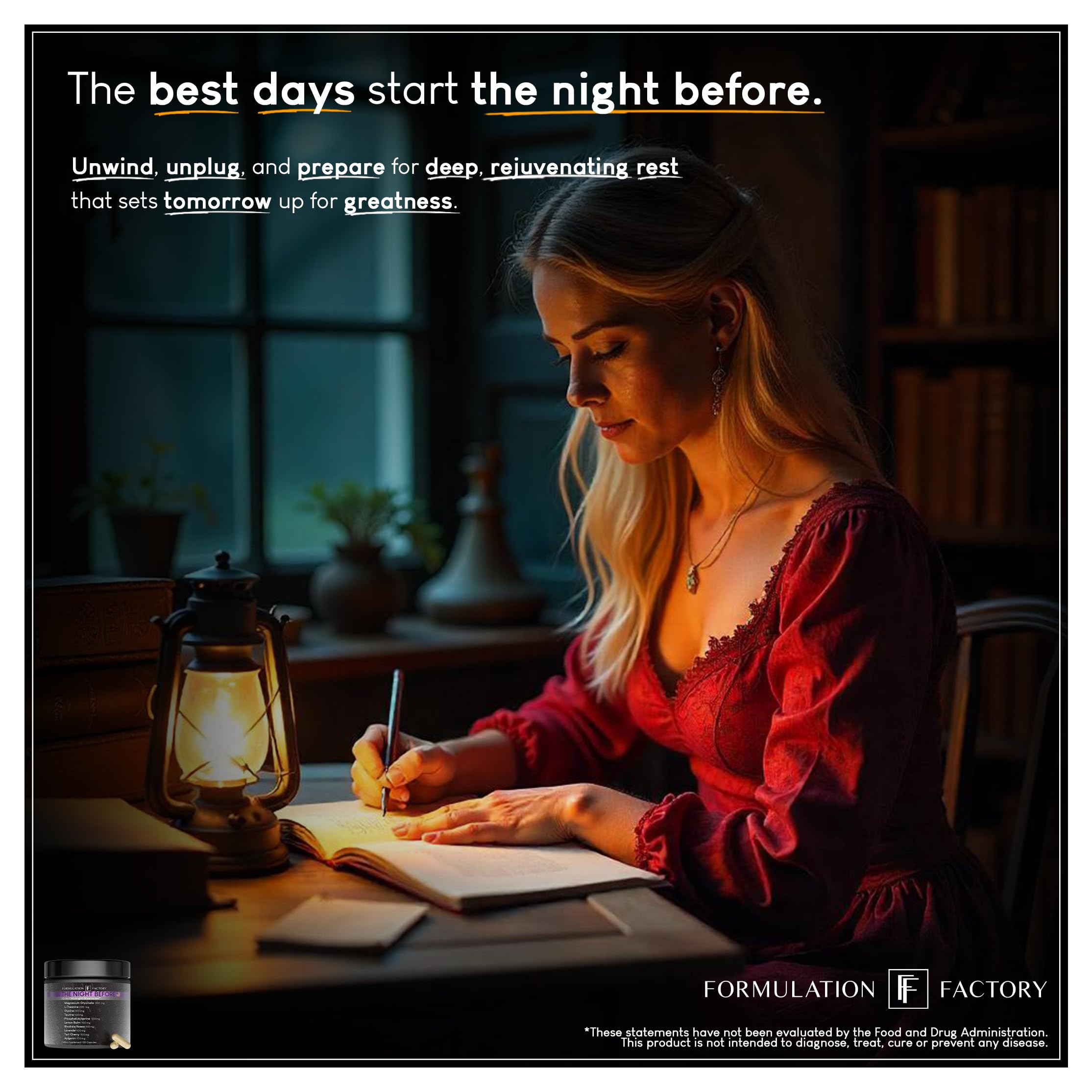 Formulation Factory The Night Before athlete recovery scene hints at restorative sleep for performance.