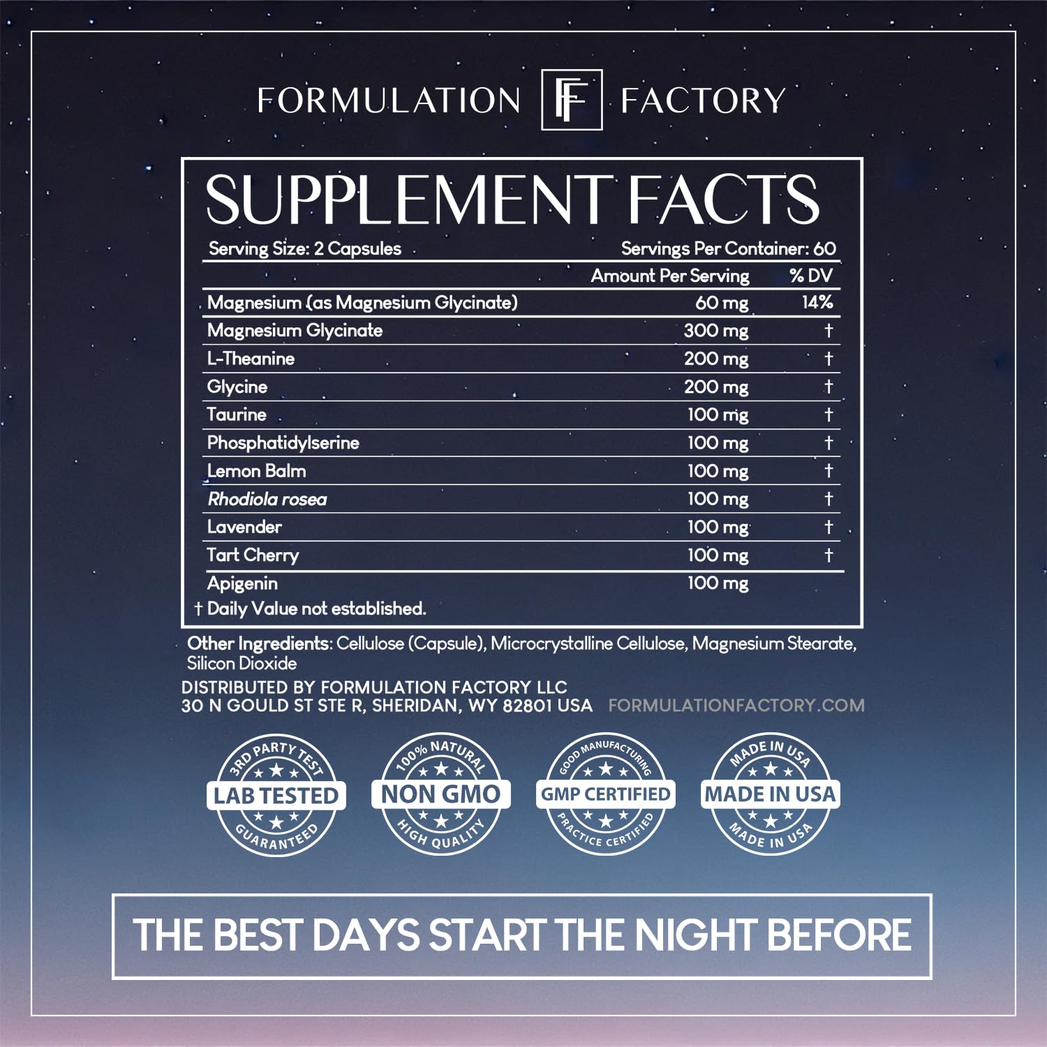 Formulation Factory The Night Before ingredients label showcases premium components.