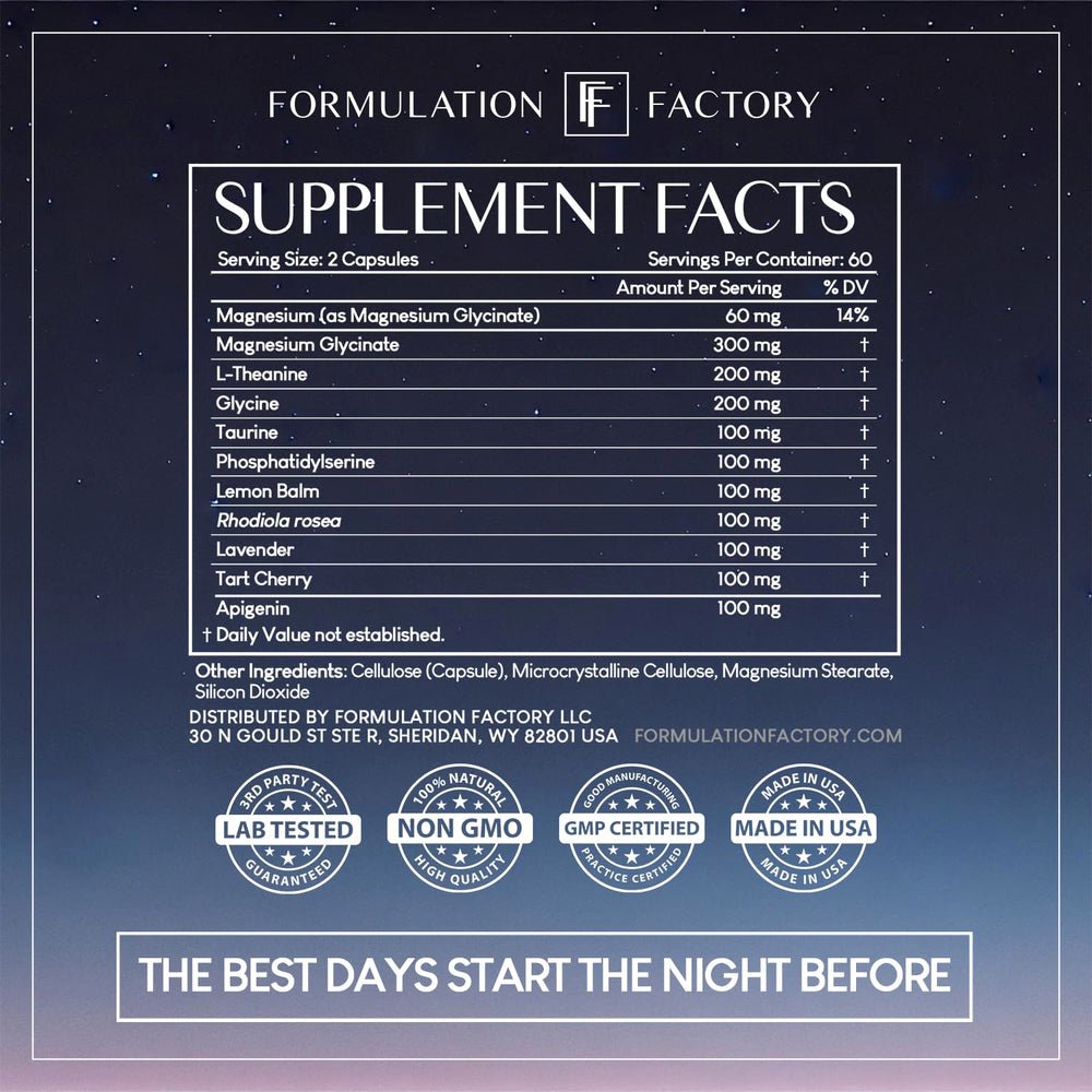 Formulation Factory The Night Before ingredients label showcases premium components.