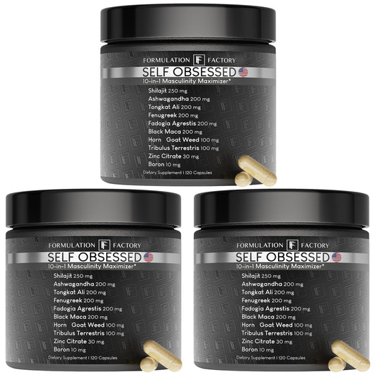 Formulation Factory Self Obsessed bottle label highlights premium packaging and full ingredient listing.