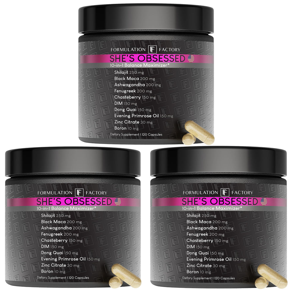 Formulation Factory She's Obsessed bottle-front showing premium wellness packaging for daily balance