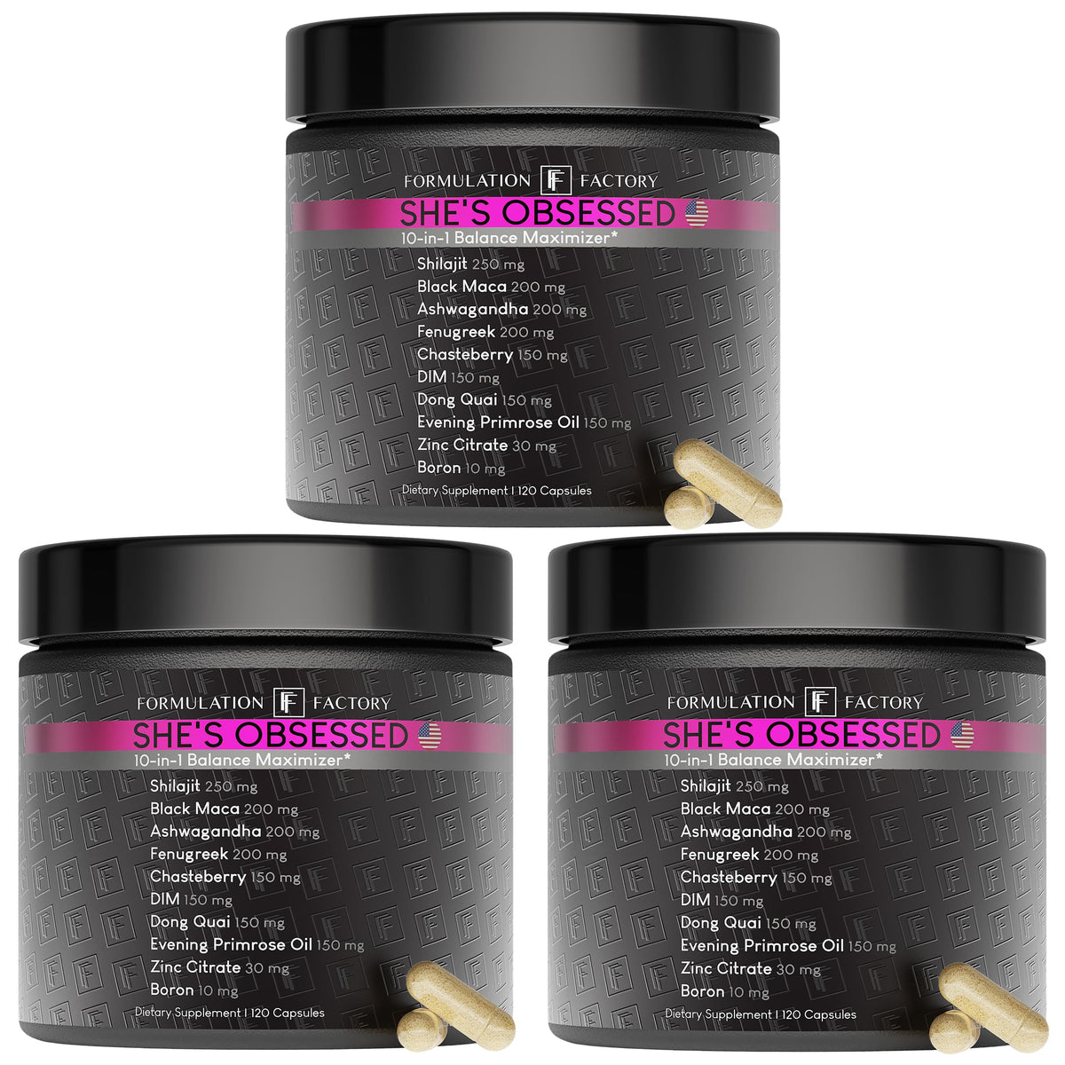 Formulation Factory She's Obsessed bottle-front showing premium wellness packaging for daily balance