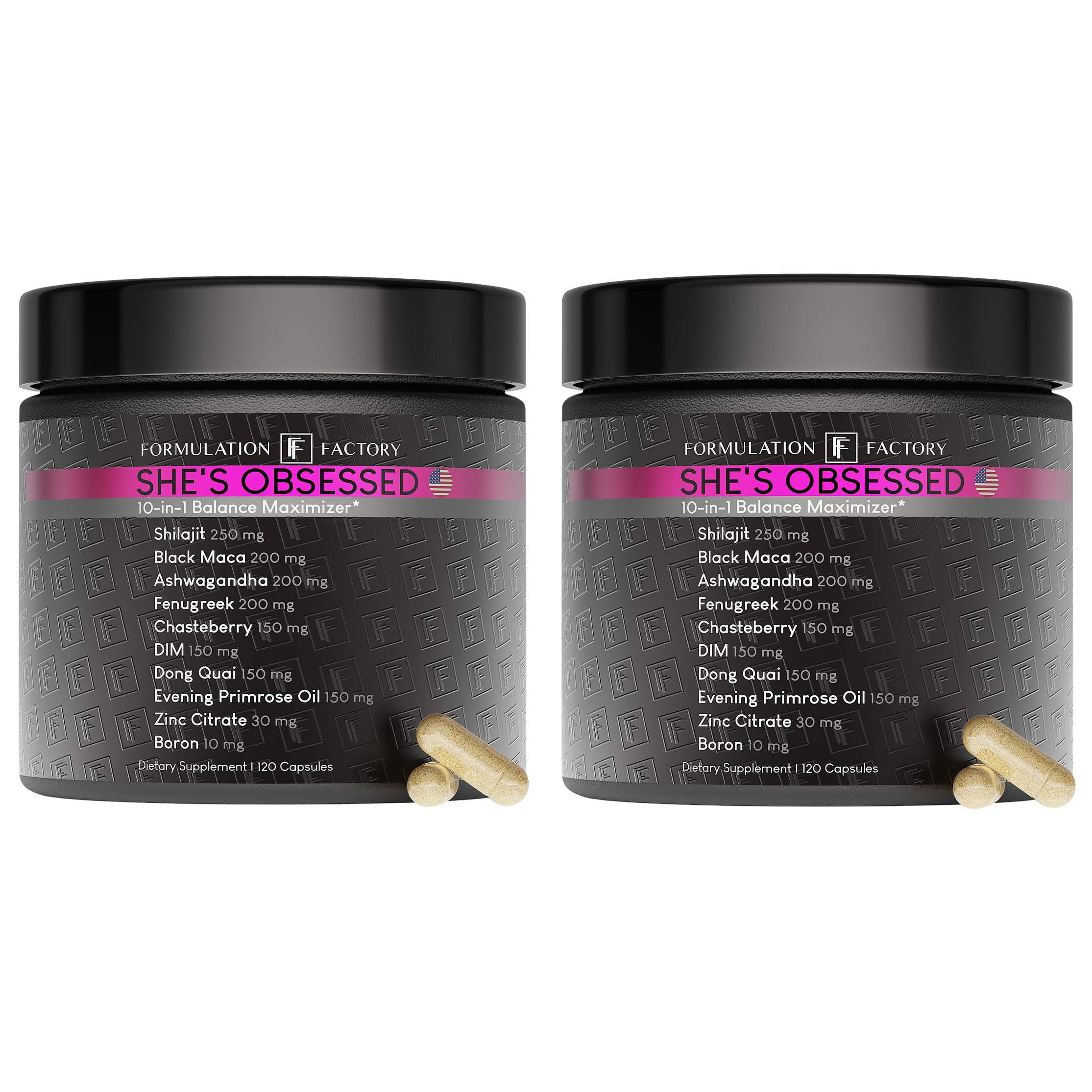 Formulation Factory She's Obsessed bottle front highlights the 10-in-1 balance formula for daily vitality
