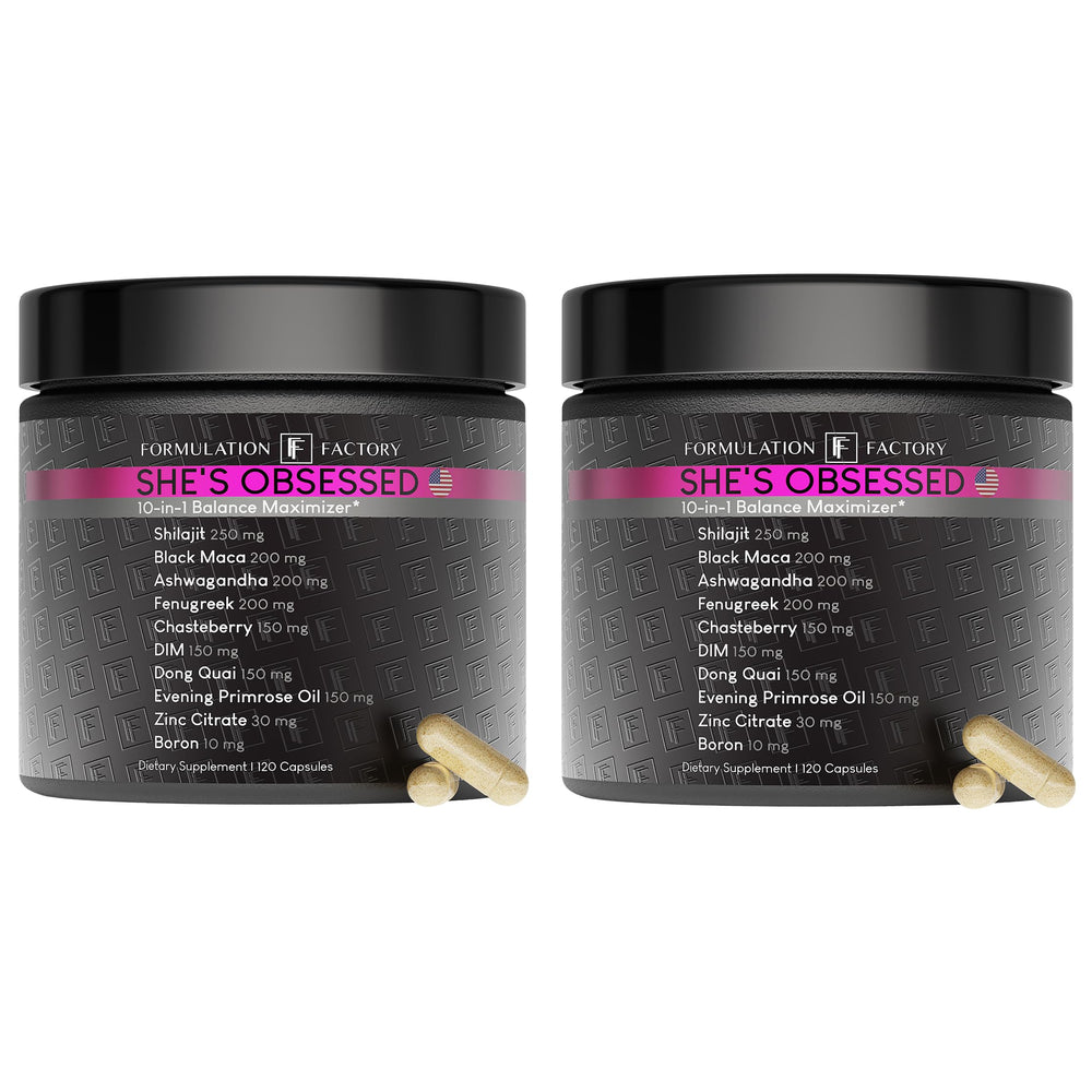 Formulation Factory She's Obsessed bottle front highlights the 10-in-1 balance formula for daily vitality