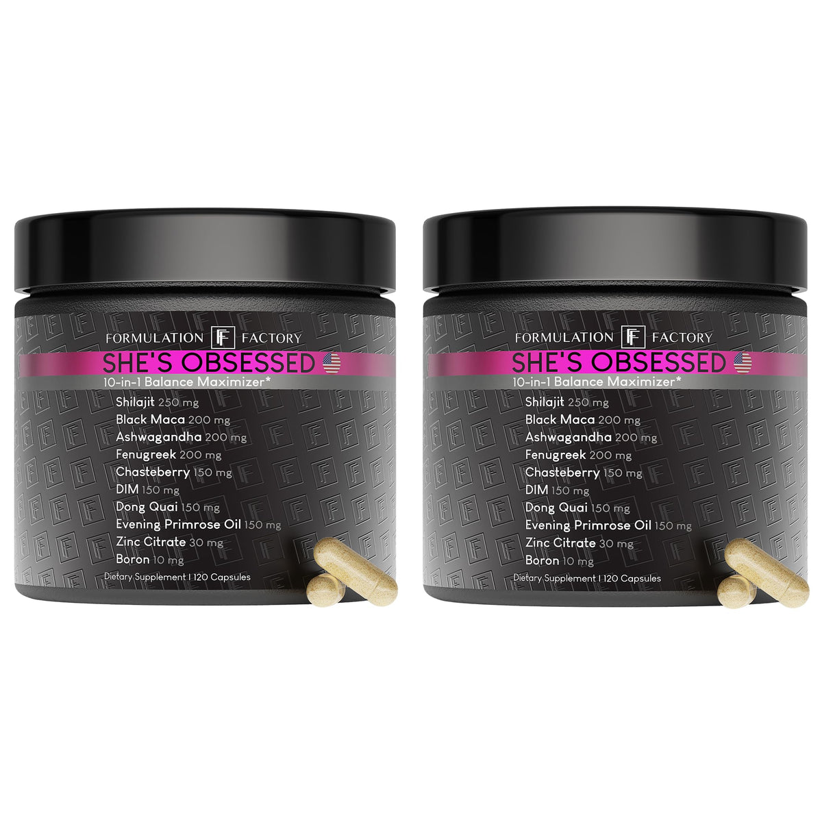 Formulation Factory She's Obsessed bottle front highlights the 10-in-1 balance formula for daily vitality