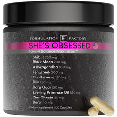 Formulation Factory She's Obsessed vitality complex bottle highlighting energy support for daily life.