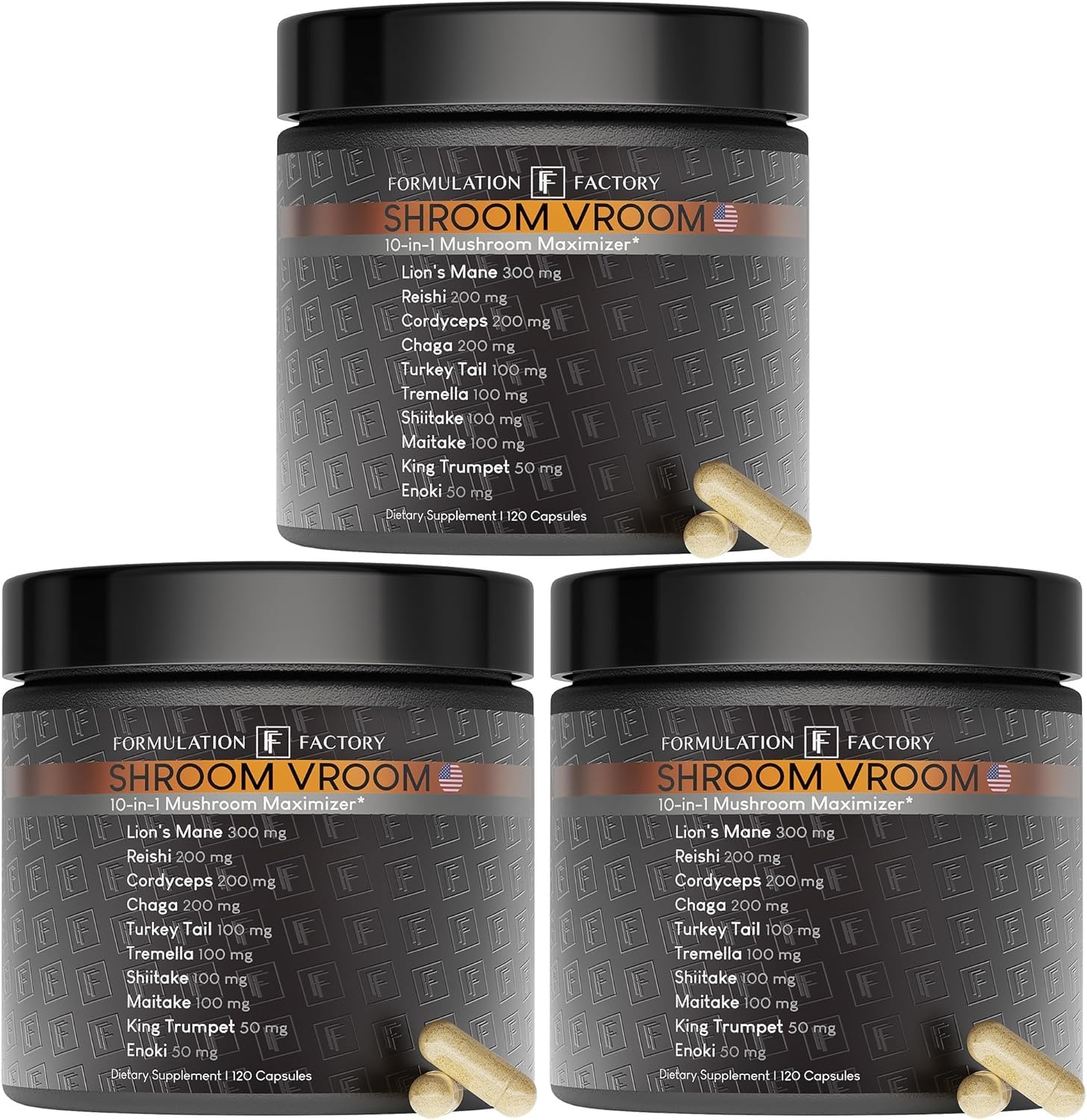 Formulation Factory Shroom Vroom bottle front highlighting 10-in-1 mushroom blend for focus