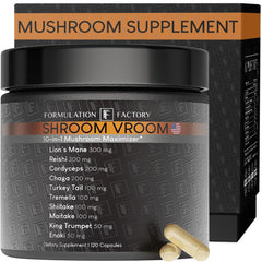 Formulation Factory Shroom Vroom bottle for daily brain focus and steady energy.