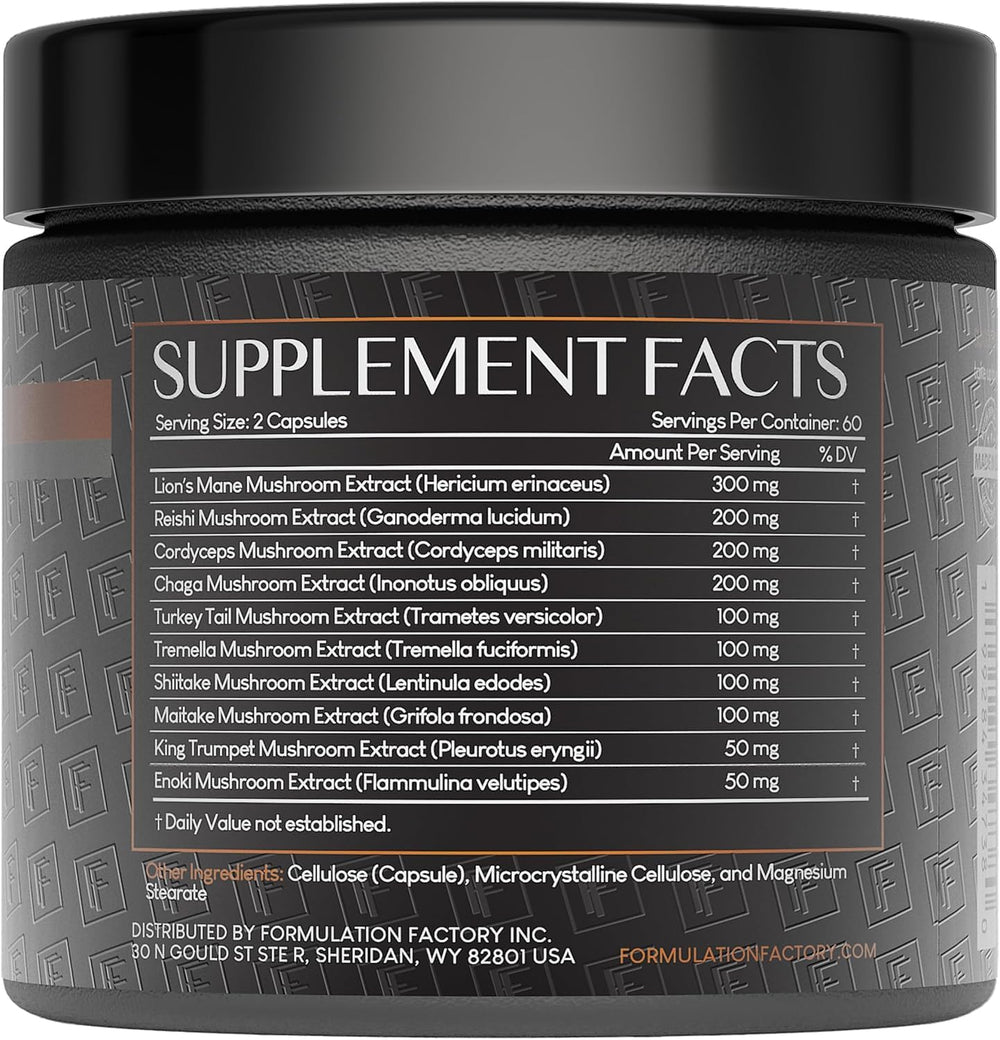 Formulation Factory Shroom Vroom label closeup emphasizes purity, transparency, and third-party testing.