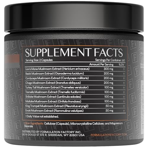 Formulation Factory Shroom Vroom label highlights a 10-in-1 mushroom complex.
