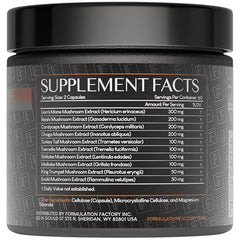 Formulation Factory Shroom Vroom label highlights a 10-in-1 mushroom complex.