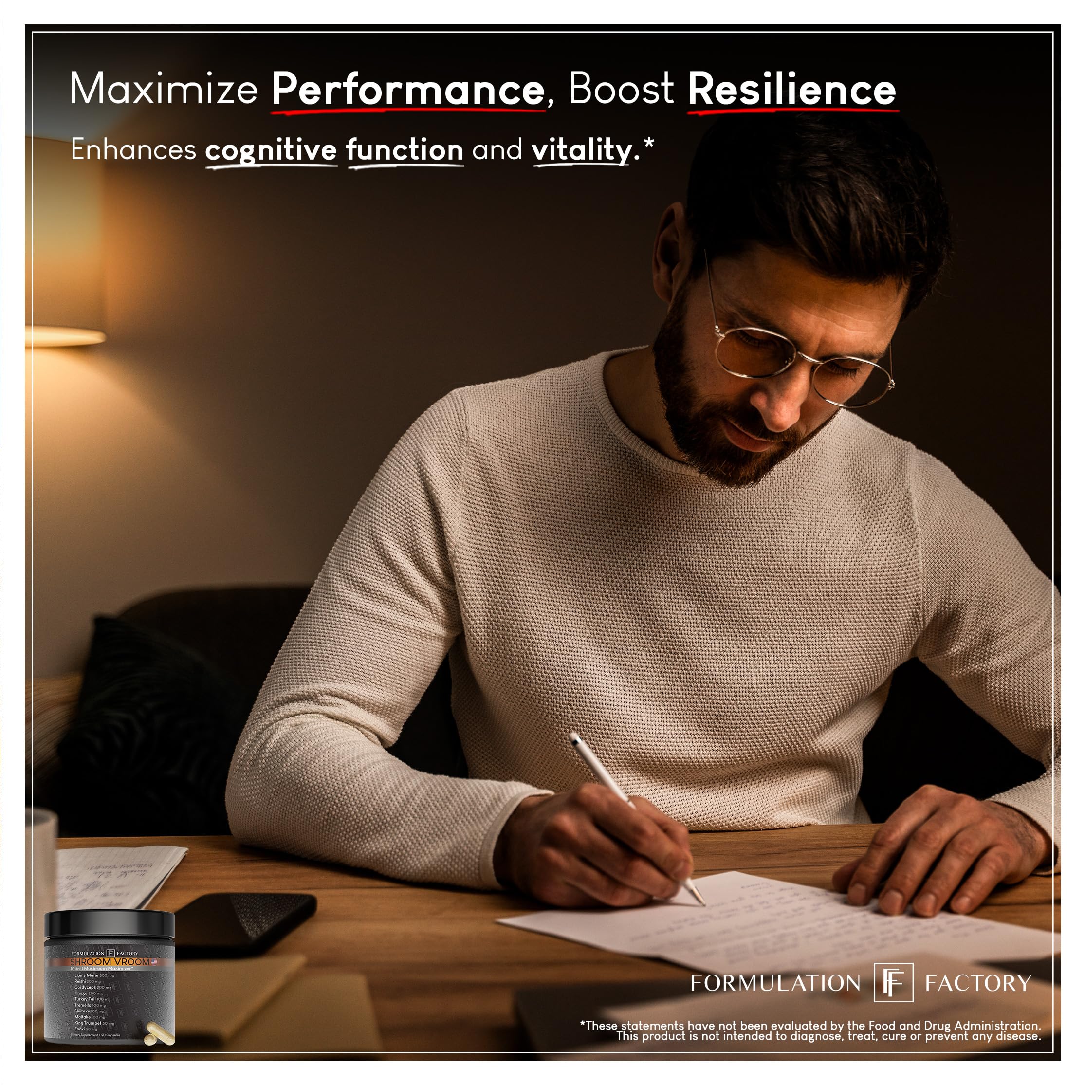 Formulation Factory Shroom Vroom Lion Mane capsules promoting cognitive-support potential.